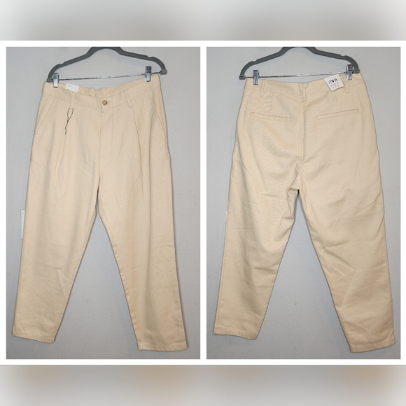 NWT Zara Carrot Fit Cream Yellow Pleated HR Jeans. Women's size 32 or 14. - Picture 1 of 15